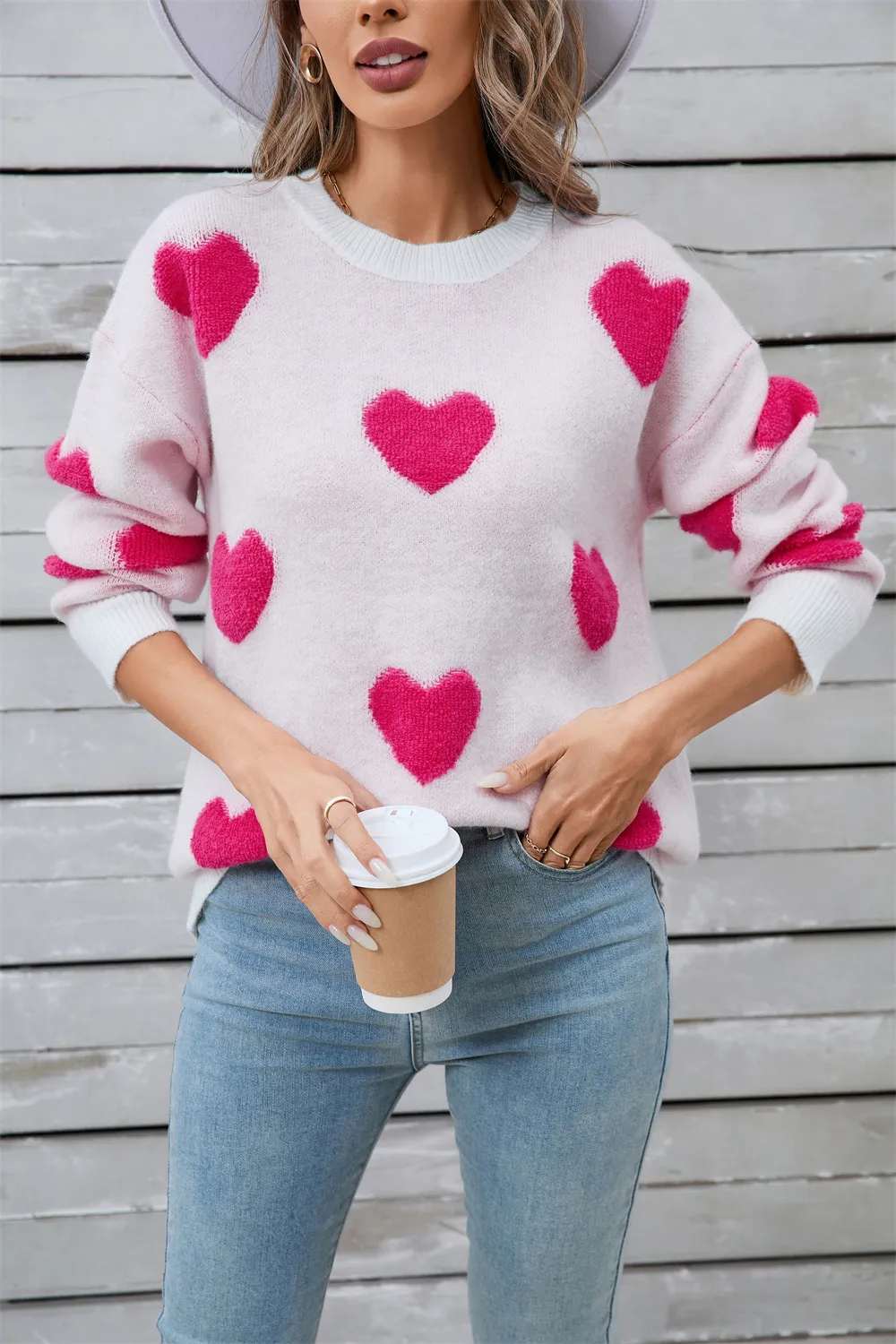 Heart Round Neck Long Sleeve Sweater, image 13