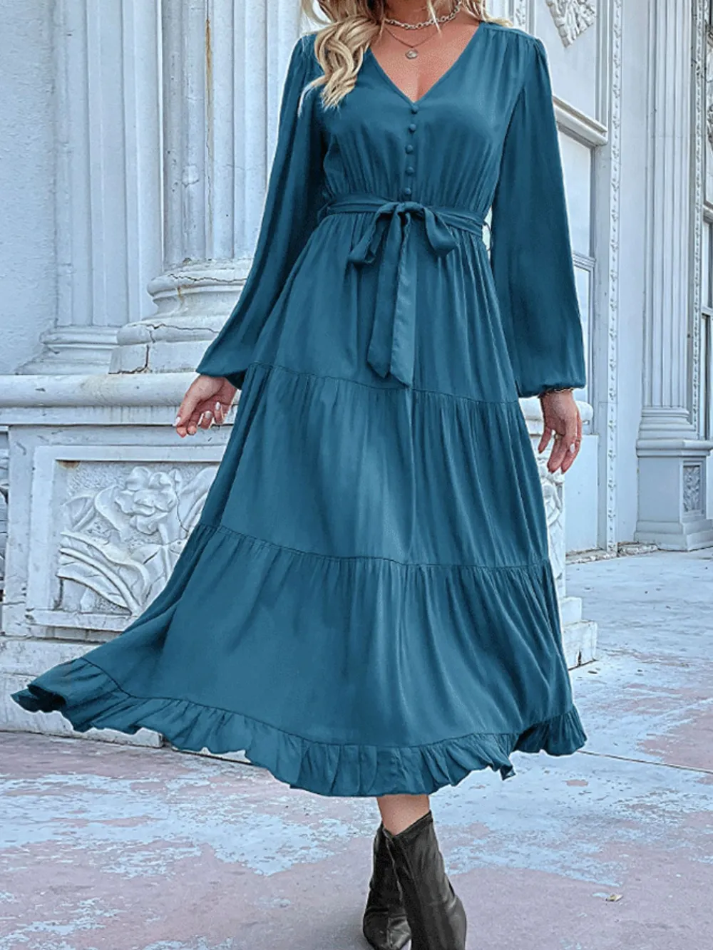 Ruffled Hem V-Neck Balloon Sleeve Dress, image 16
