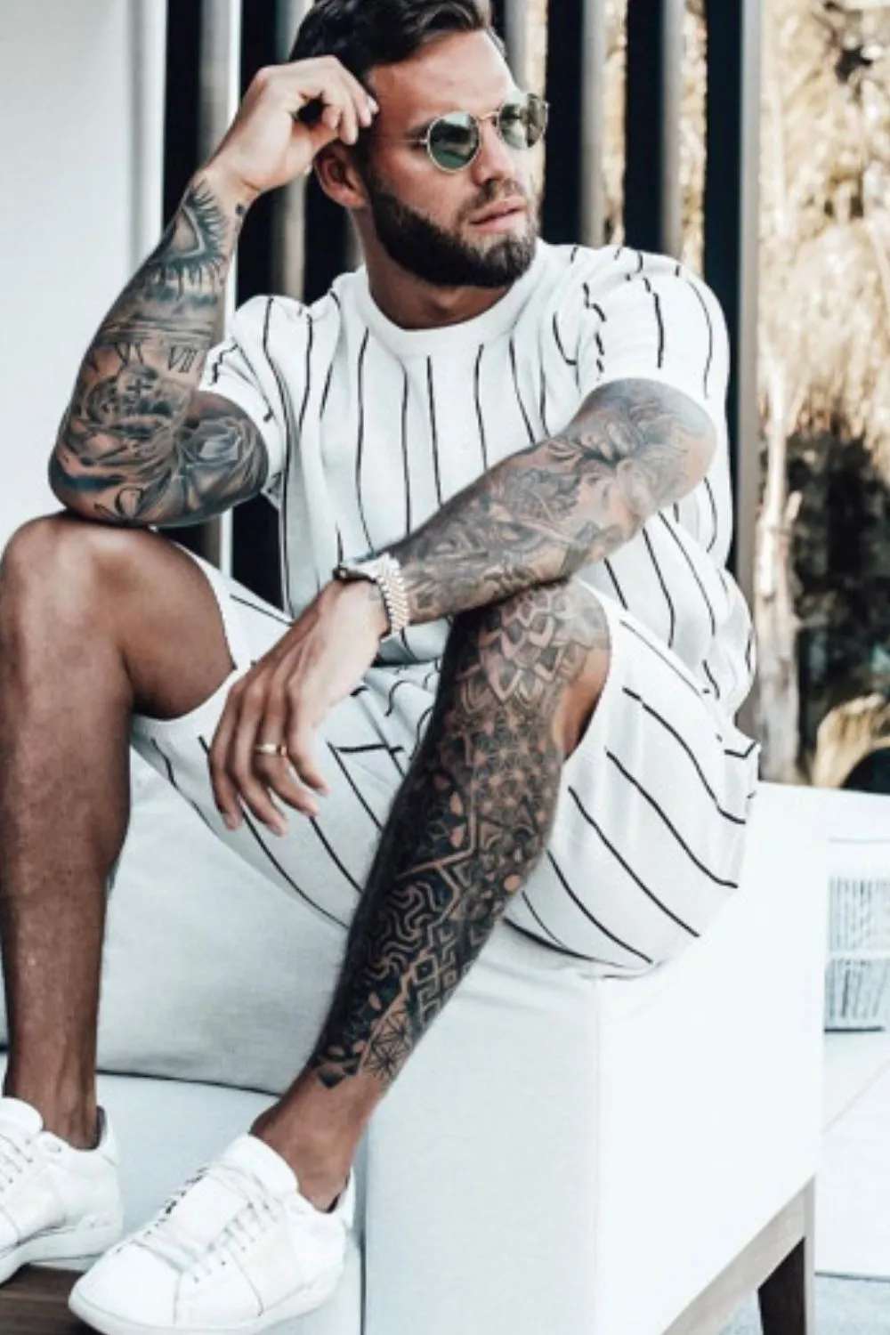 Men's Full Size Striped Casual Top and Shorts Summer Set Plus Size, image 2