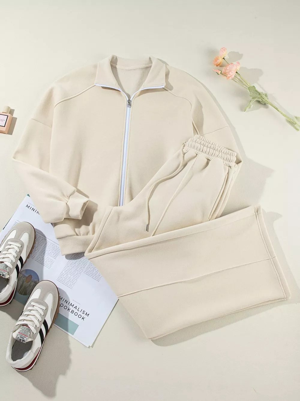 Drop Shoulder Zip Up Jacket and Drawstring Pants Active 2pcs Set, image 6