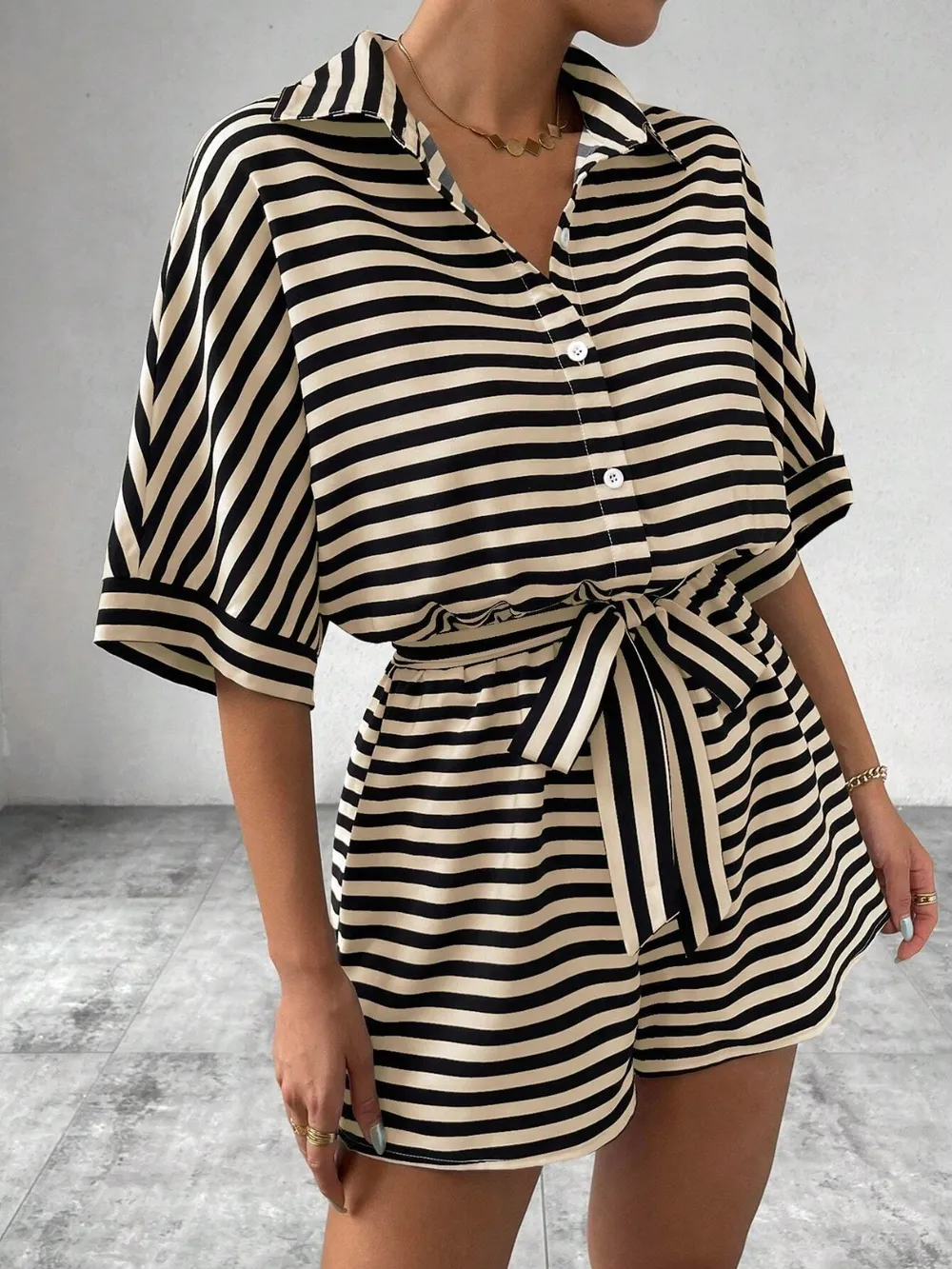 Tie Waist Half Button Striped Romper, image 12