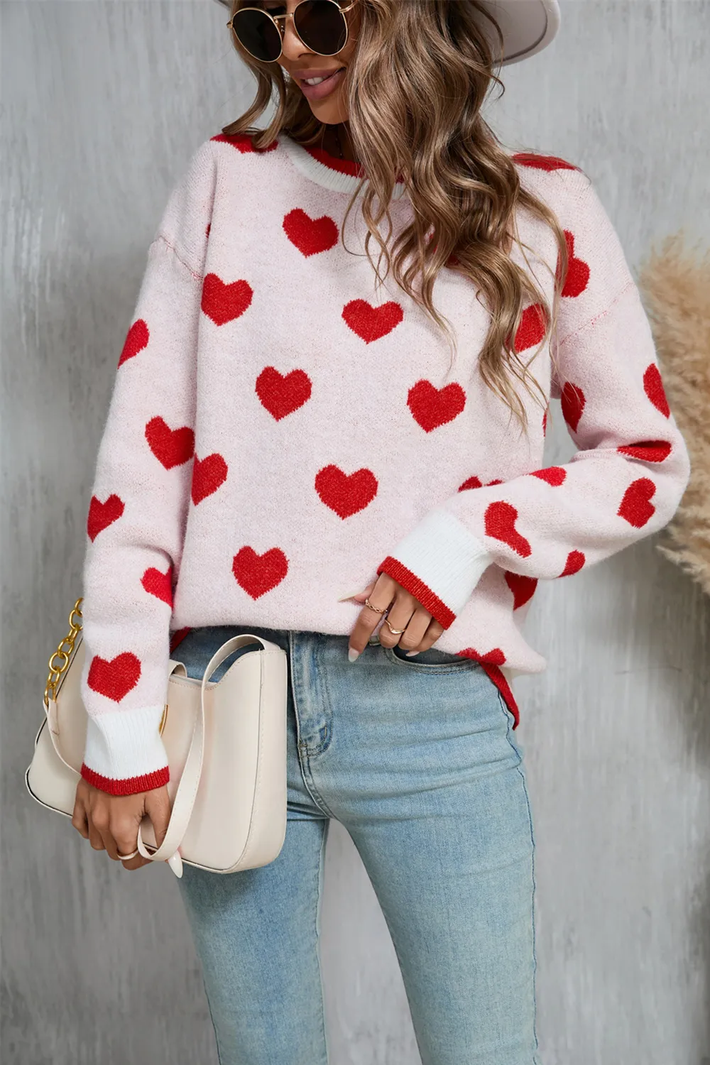 Contrast Trim Heart Round Neck Sweater, image 6