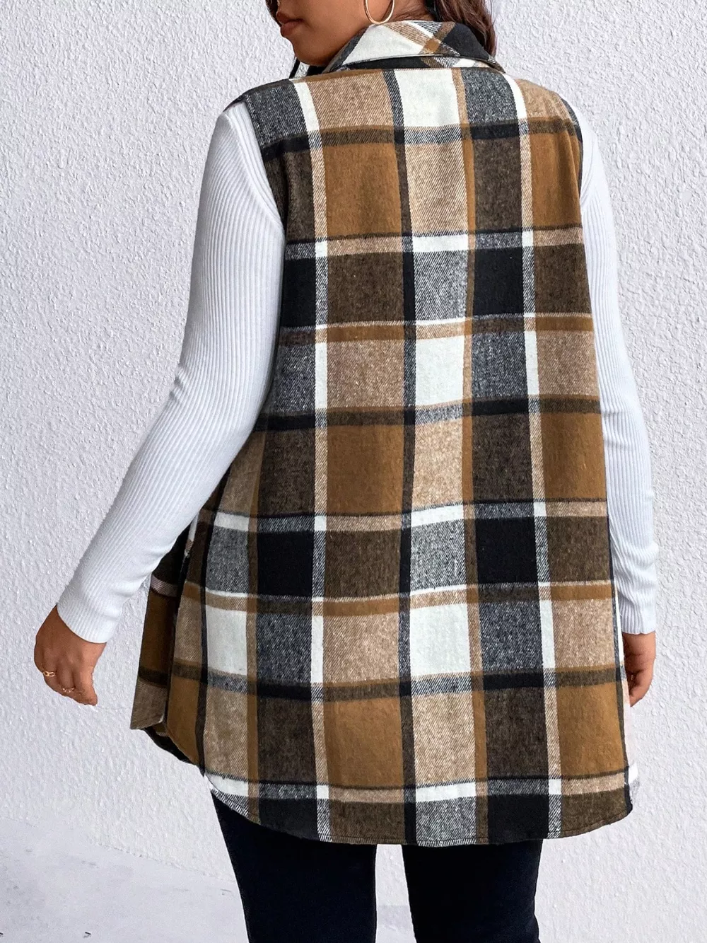 Plus Size Pocketed Plaid Button Up Vest Coat, image 13