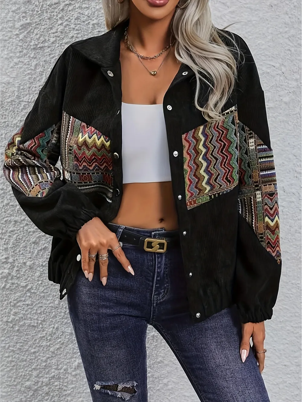 Embroidered Collared Neck Snap Down Jacket, image 2