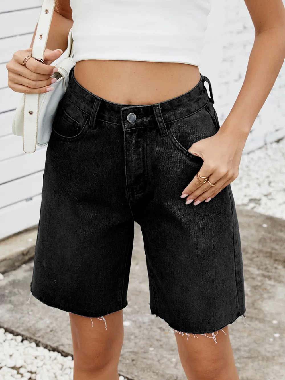 Washed Raw Hem Denim Shorts, image 3