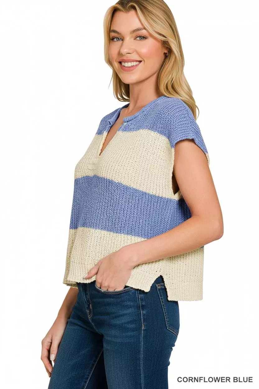 Split Neck Sleeveless Stripe Sweater, image 3