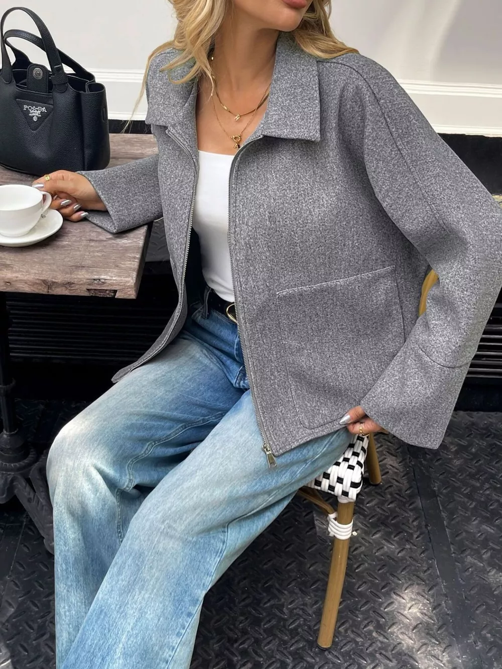 Oversized Collared Neck Zip-Up Jacket, image 3