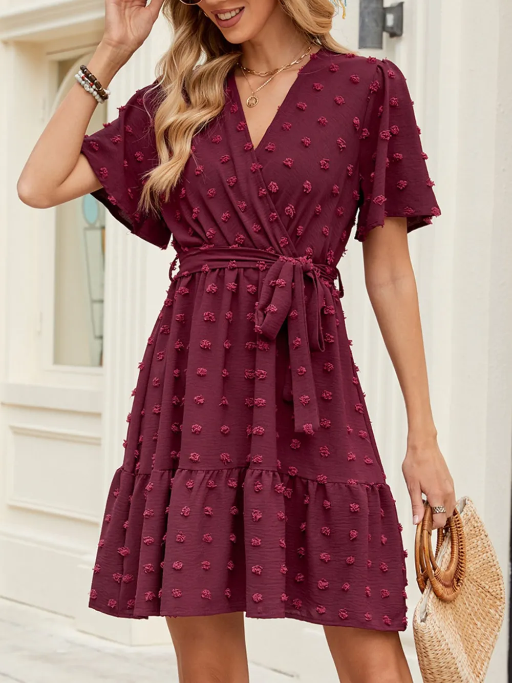 Swiss Dot Flutter Sleeve Wrap Dress, image 4