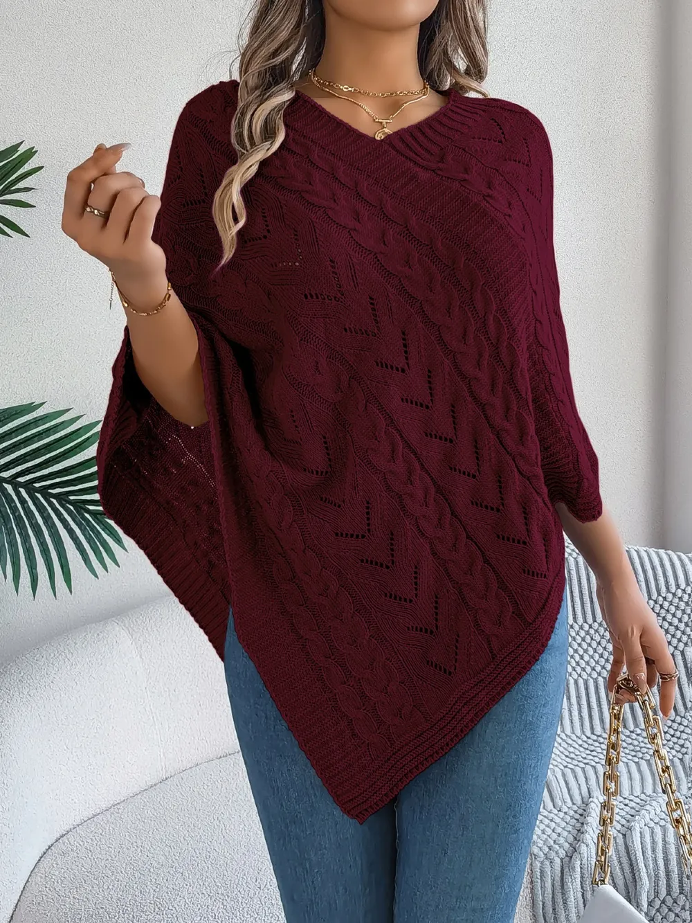 Cable-Knit Openwork Three-Quarter Sleeve Sweater, image 17