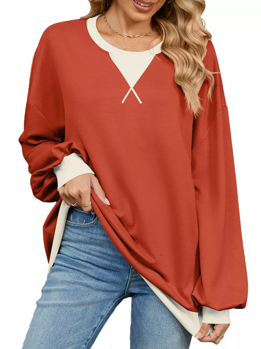 Contrast Round Neck Long Sleeve Sweatshirt, image 5