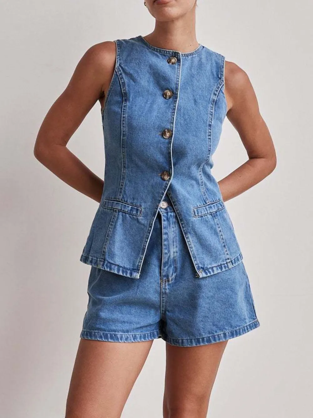 Button Down Vest and Shorts Denim Set, image 11