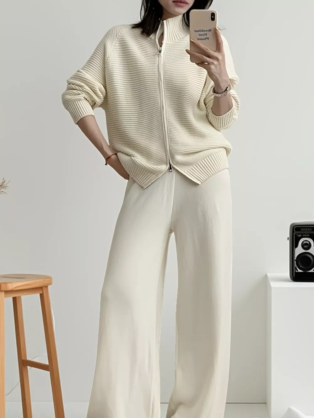 Casual Knit Zip-Up Cardigan and Wide-Leg Pants Set, image 2