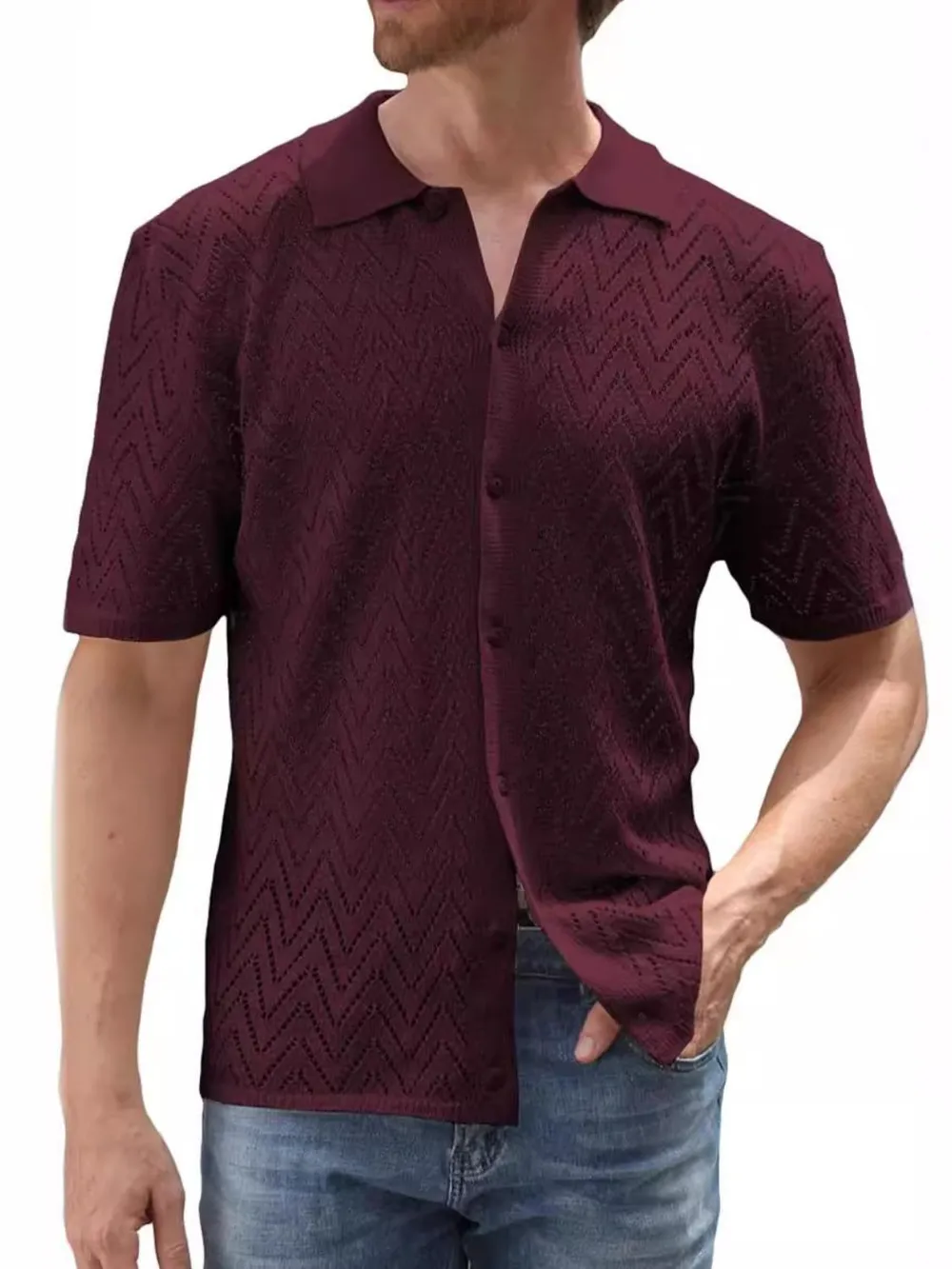 Men's Full Size Openwork Button Down Short Sleeve Shirt Plus Size, image 6