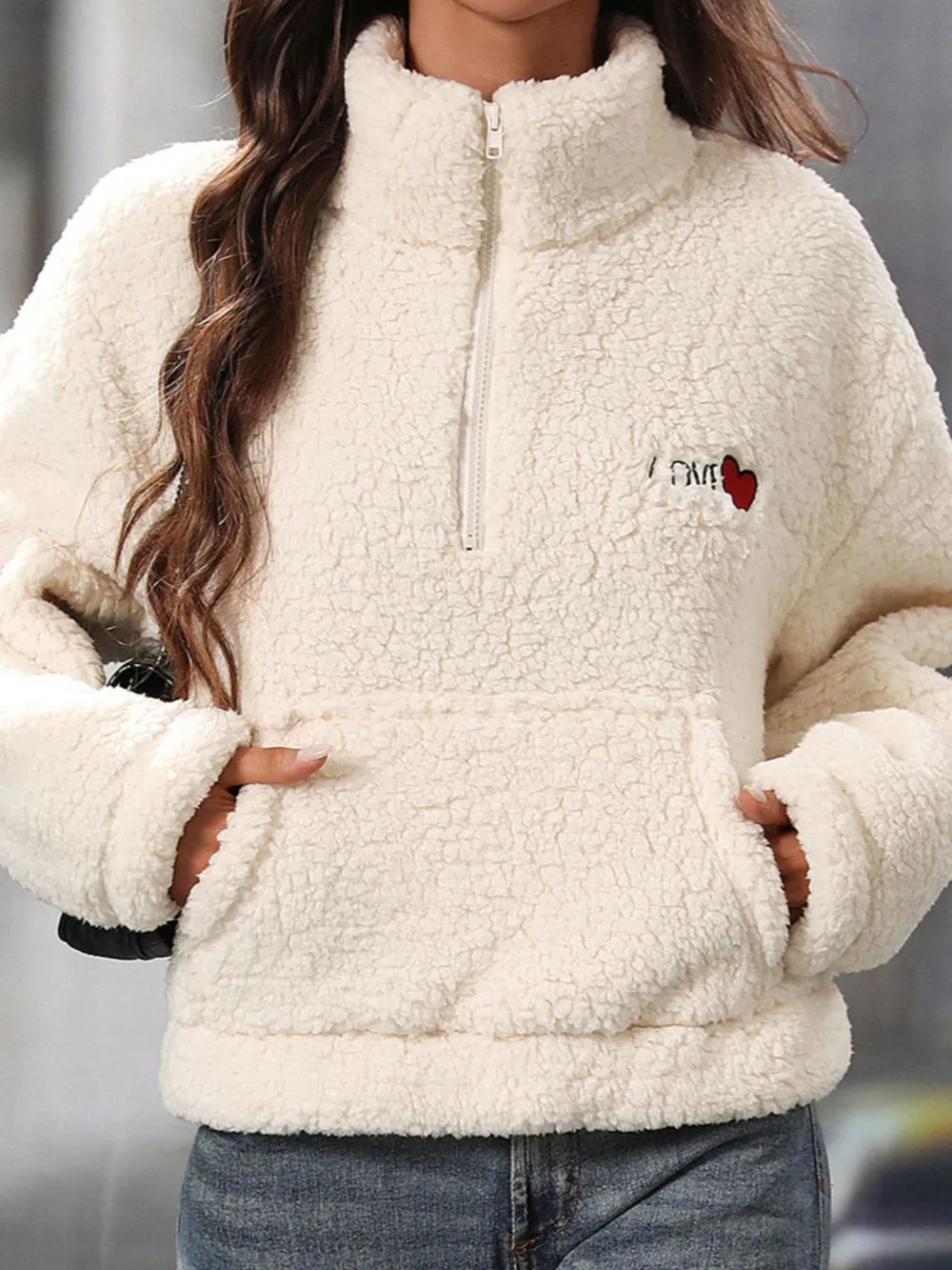 Heart Half Zip Long Sleeve Teddy Sweatshirt, image 3