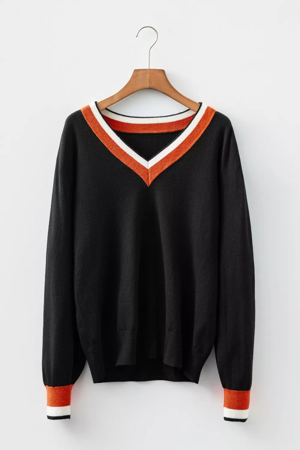 Contrast Striped Trim V Neck Varsity Sweater, image 5