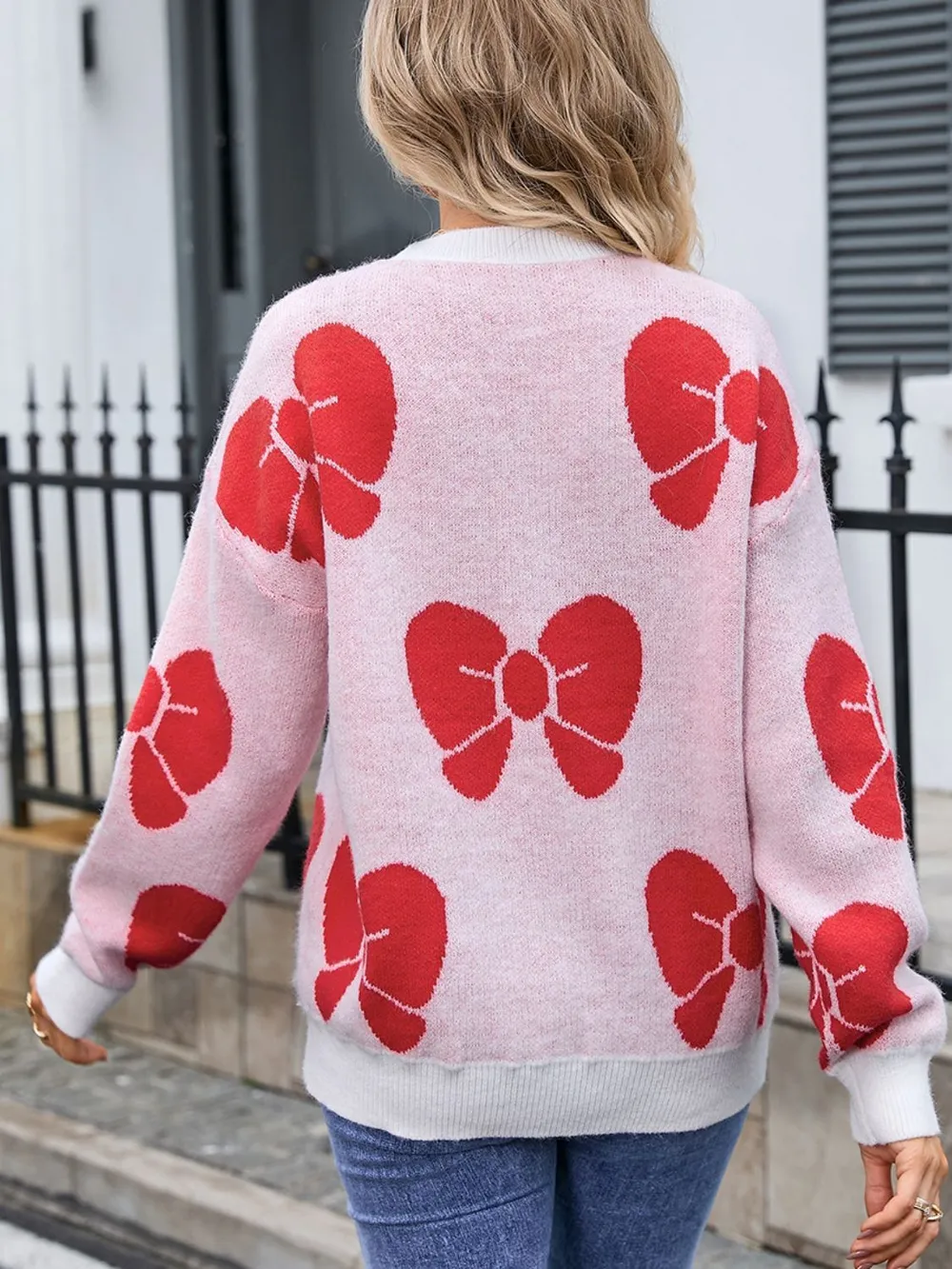 Bow Round Neck Dropped Shoulder Sweater, image 3