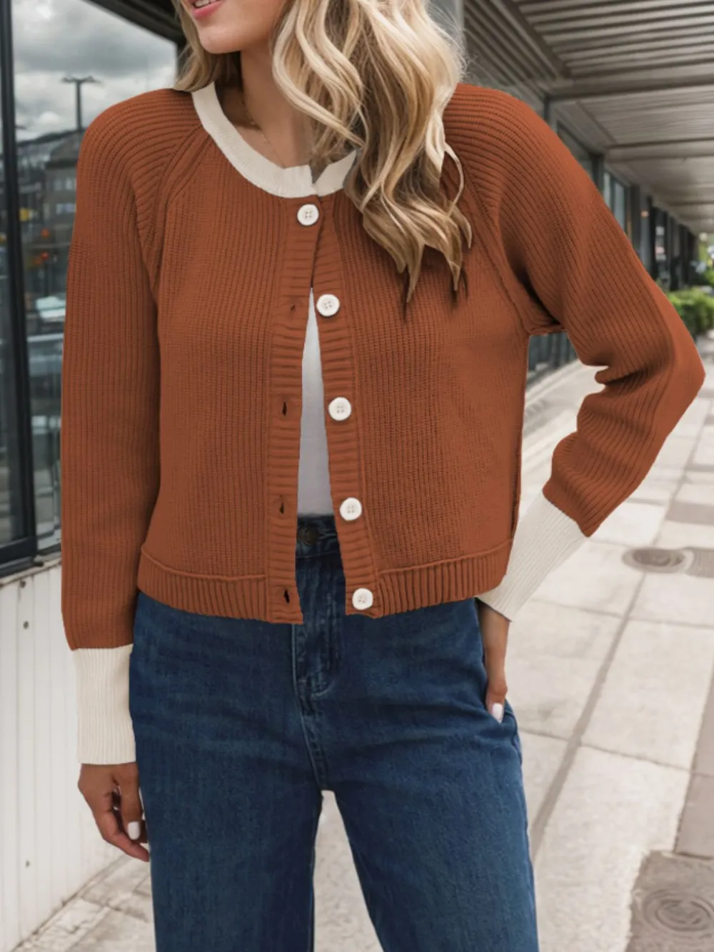 Contrast Button Up Long Sleeve Cardigan, image 9