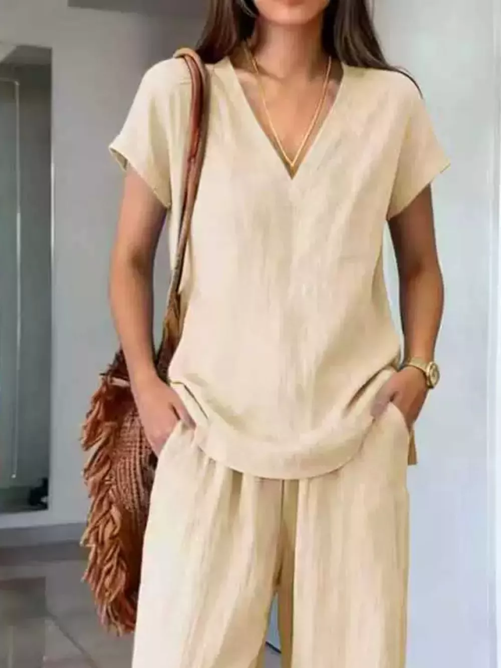 Full Size V-Neck Short Sleeve Top and Pants Set Plus Size, image 4