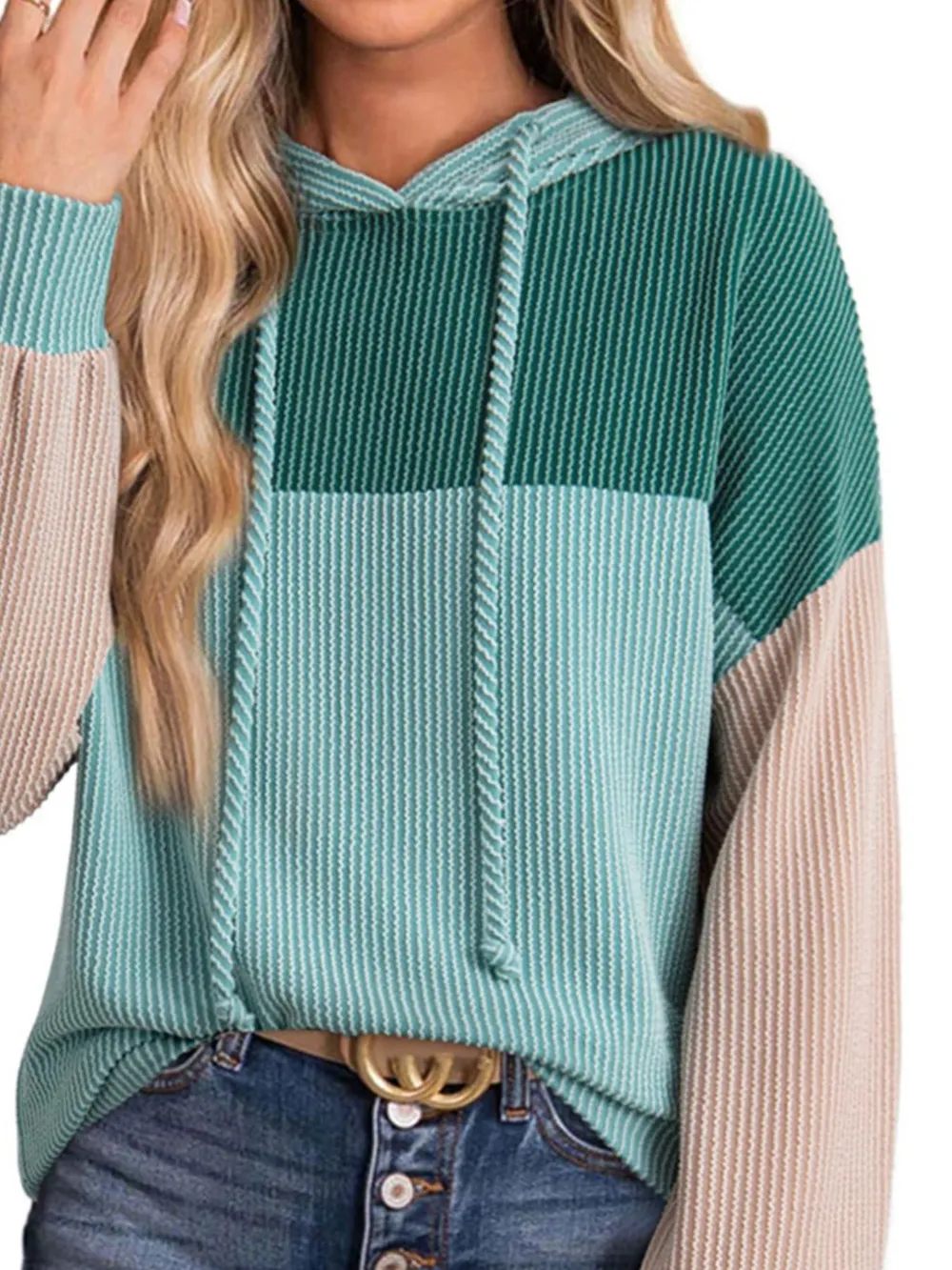 Drawstring Color Block Long Sleeve Hoodie, image 7