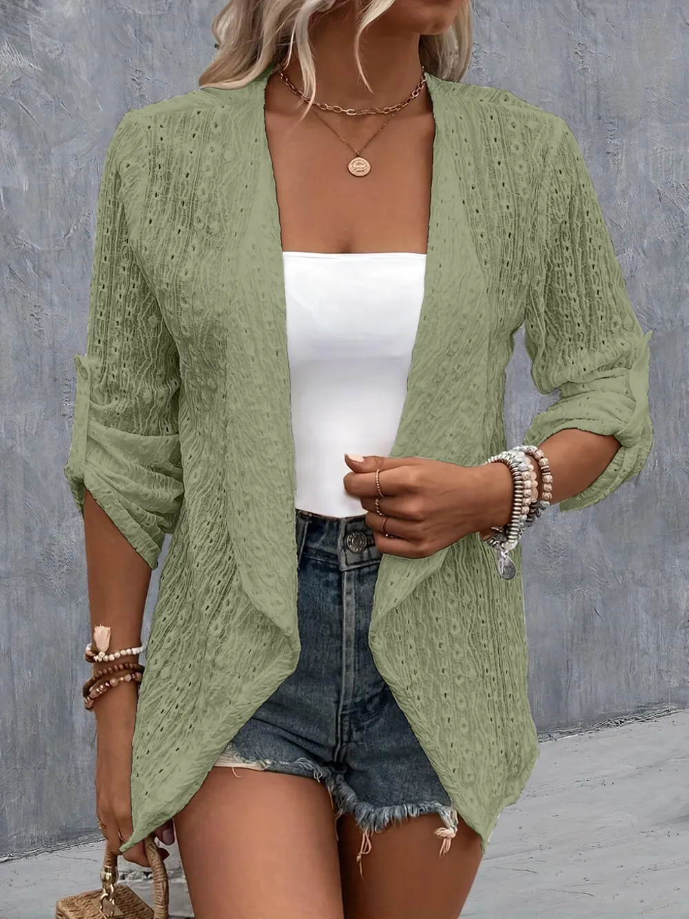 Eyelet Roll-Tab Sleeve Cardigan, image 10
