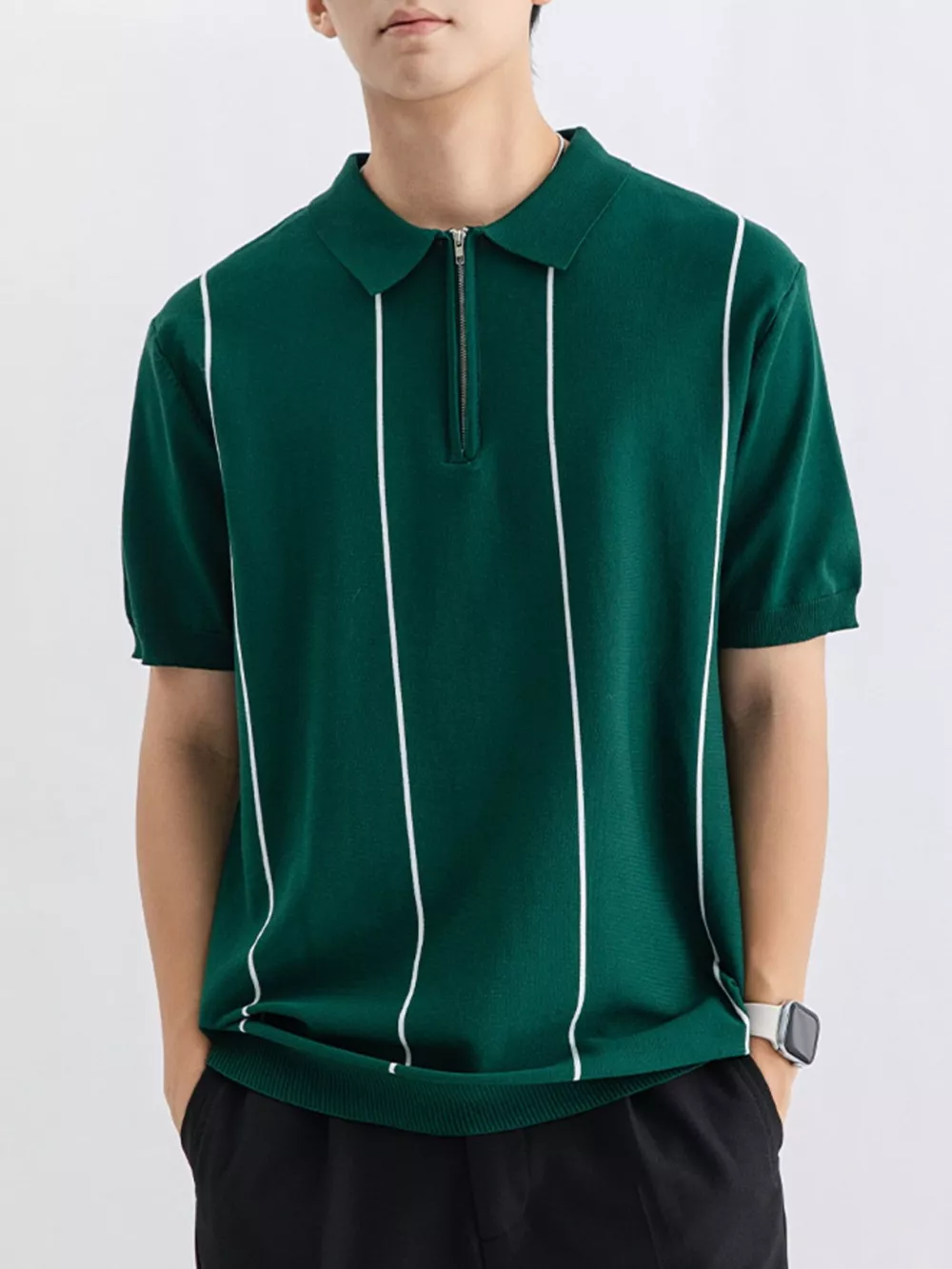 Men's Plus Size Striped Zip-Up Knit Polo, image 8