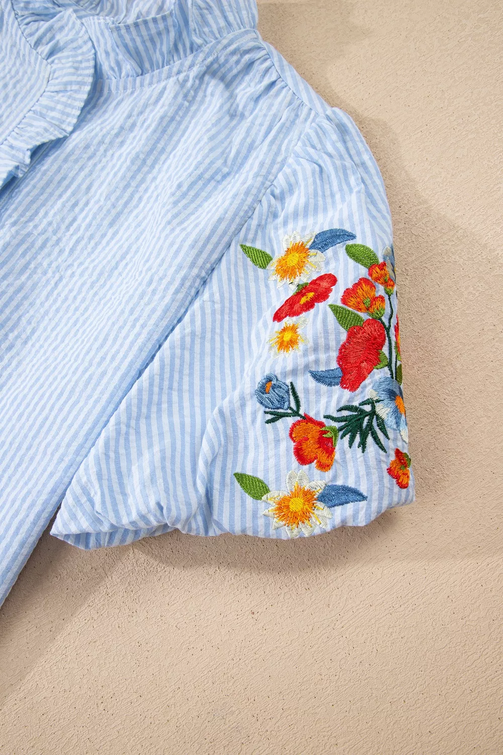 Stripe Floral Embroidered Puff Sleeve Ruffle Trim Shirt, image 10