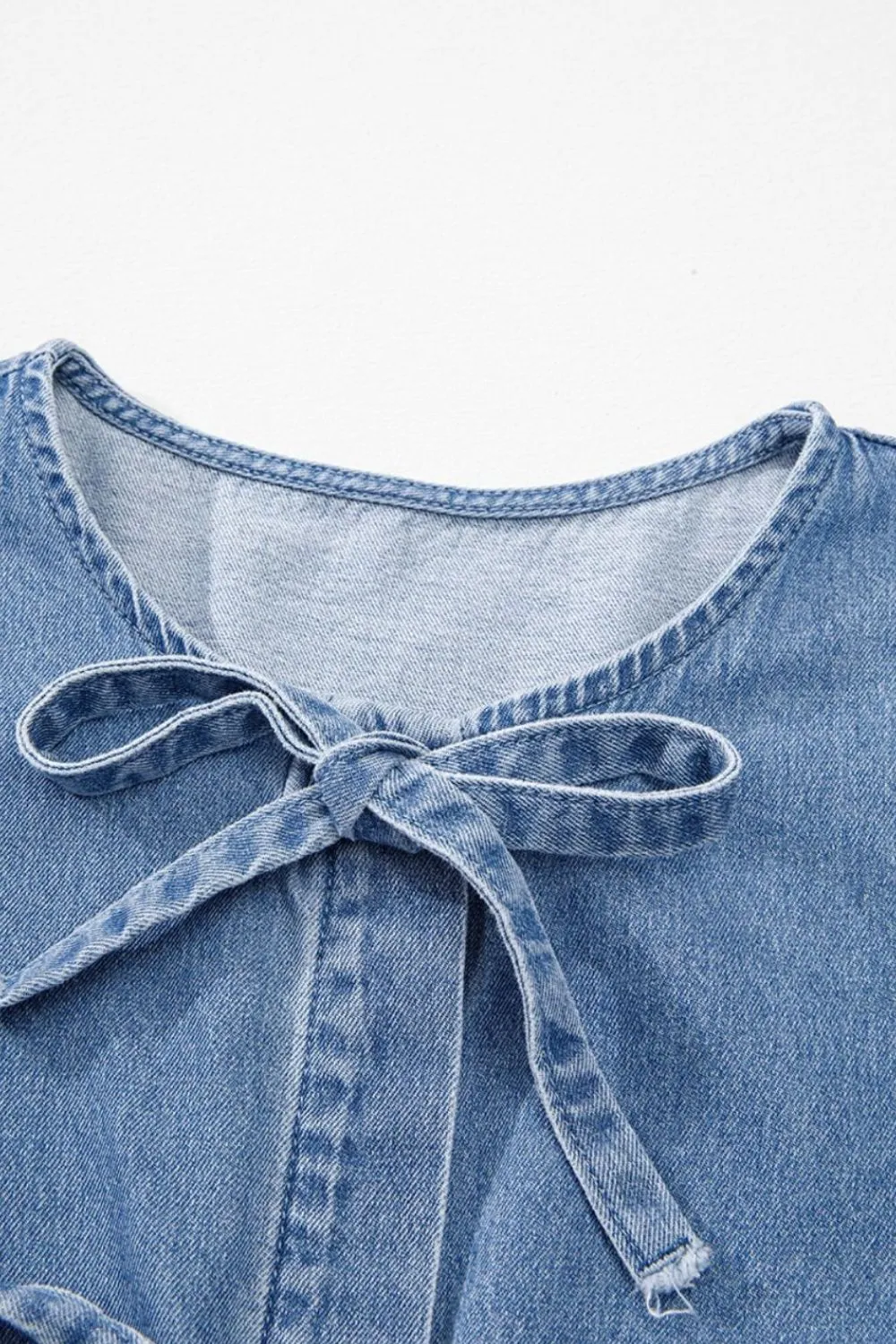 Tied Front Puff Sleeve Peplum Denim Shirt, image 6
