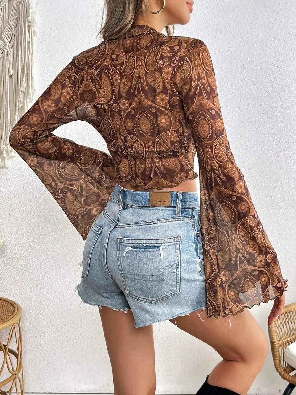 Printed Mock Neck Long Sleeve Cropped T-Shirt, image 4