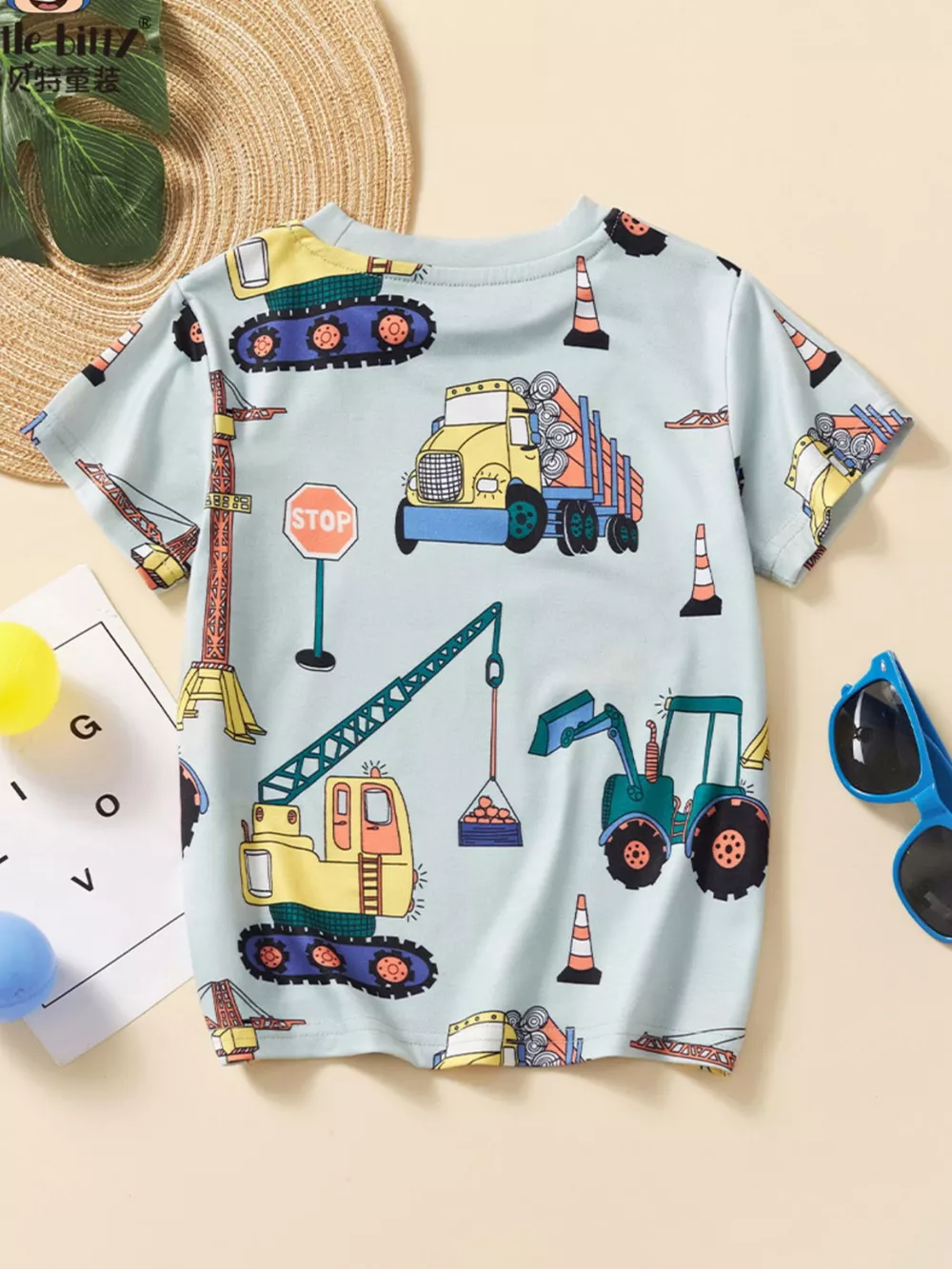 Children's Construction Vehicle Print Crew Neck Short Sleeve T-Shirt, image 6