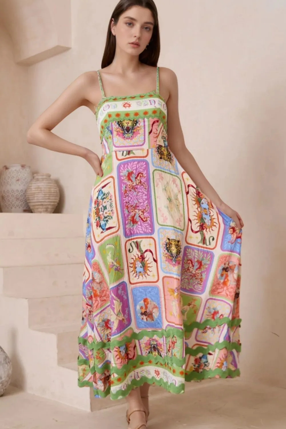 Smocked Printed Square Neck Cami Dress