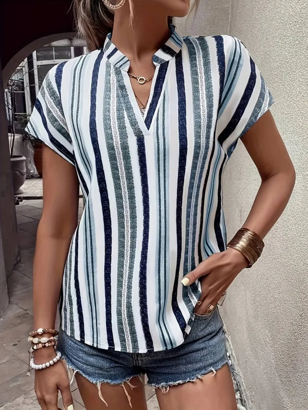 Striped Notched Short Sleeve Shirt, image 8