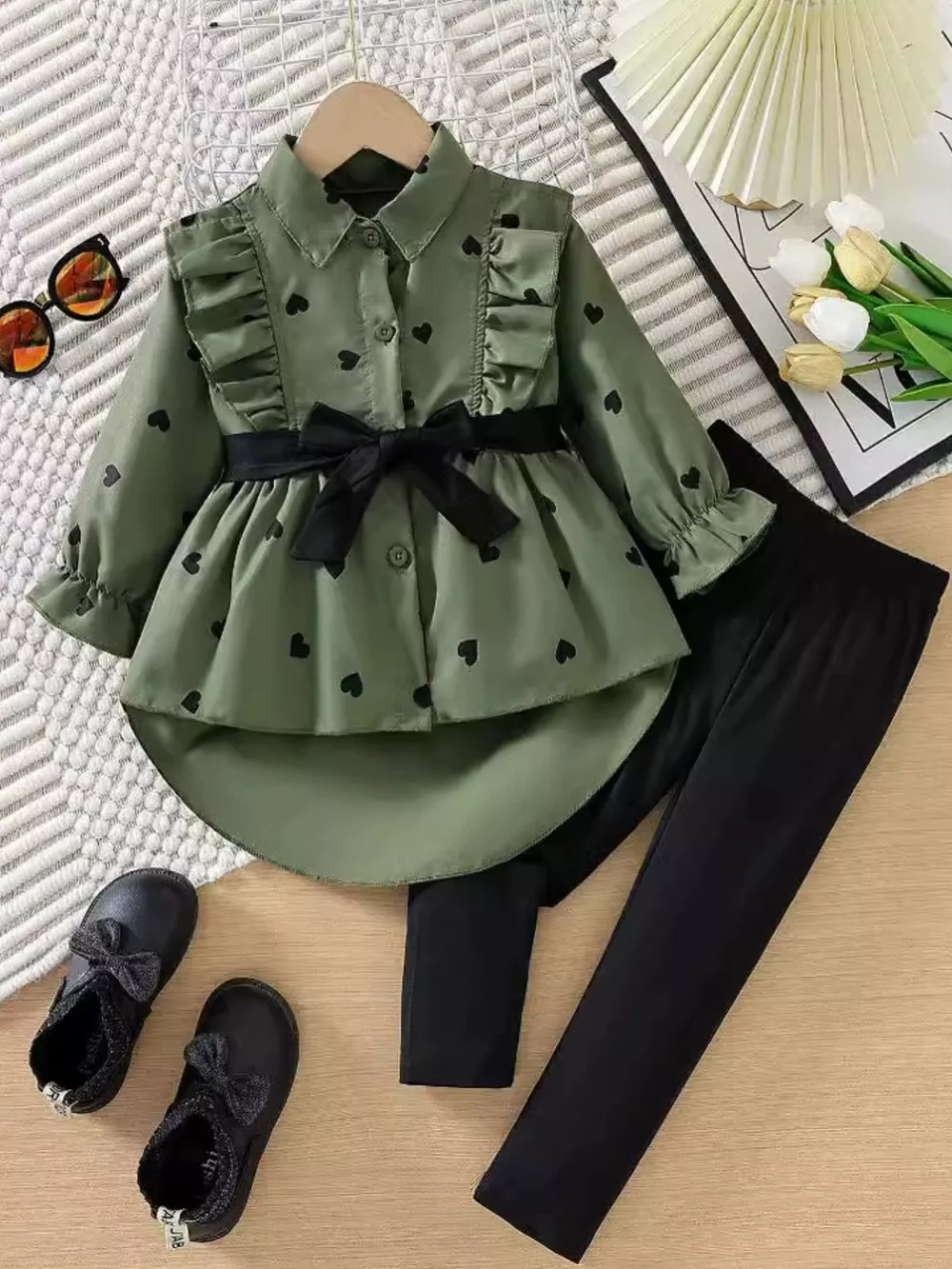 Children's Heart Print Ruffle Trim Shirt & Pants Set with Tie, image 7