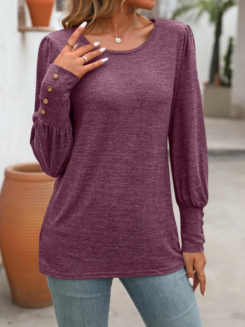 Decorative Button Round Neck Long Sleeve T-Shirt, image 24