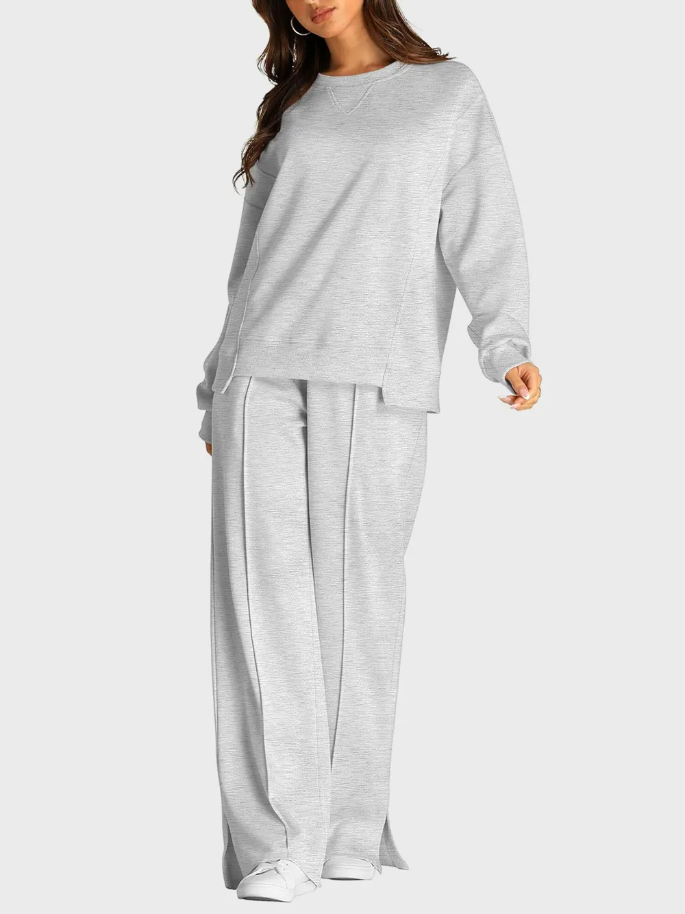Round Neck Long Sleeve Top and Slit Pants Set, image 9