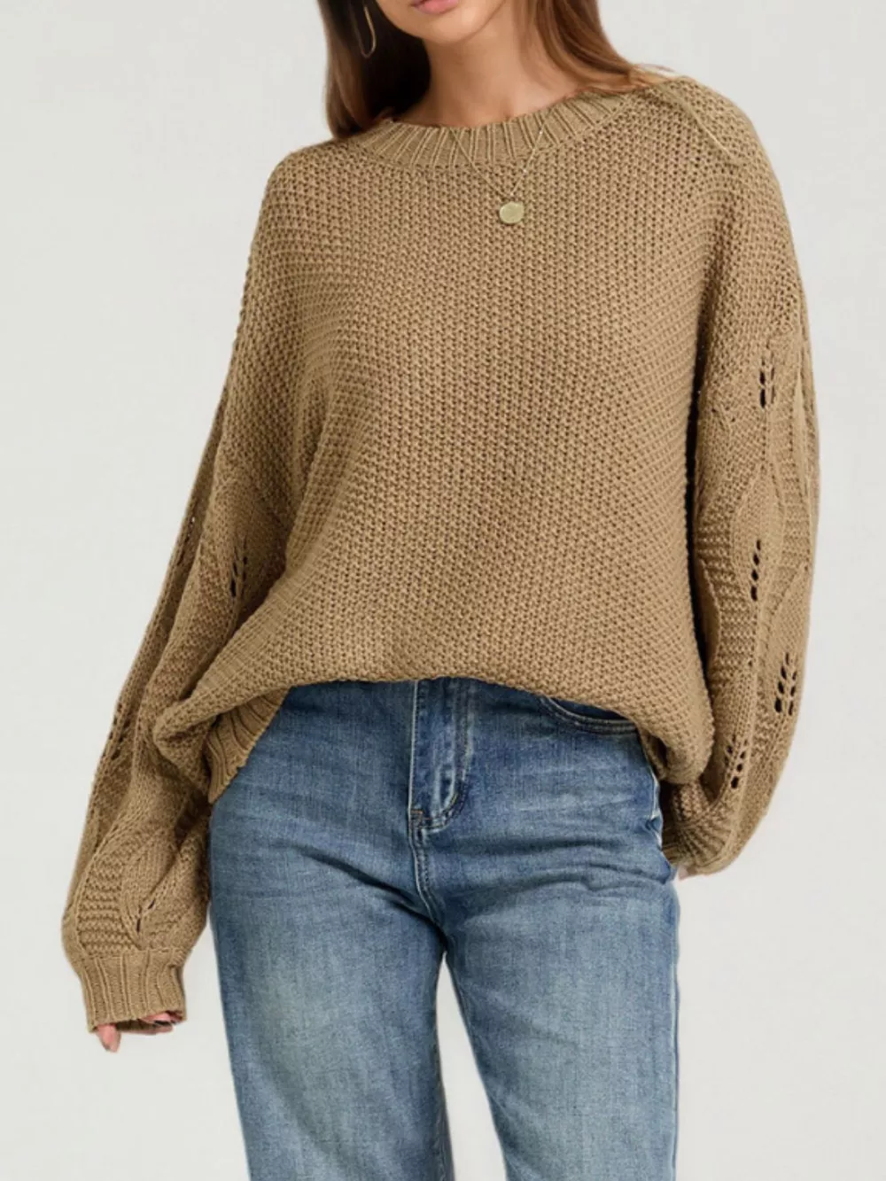 Textured Knit Openwork Dropped Shoulder Sweater, image 3