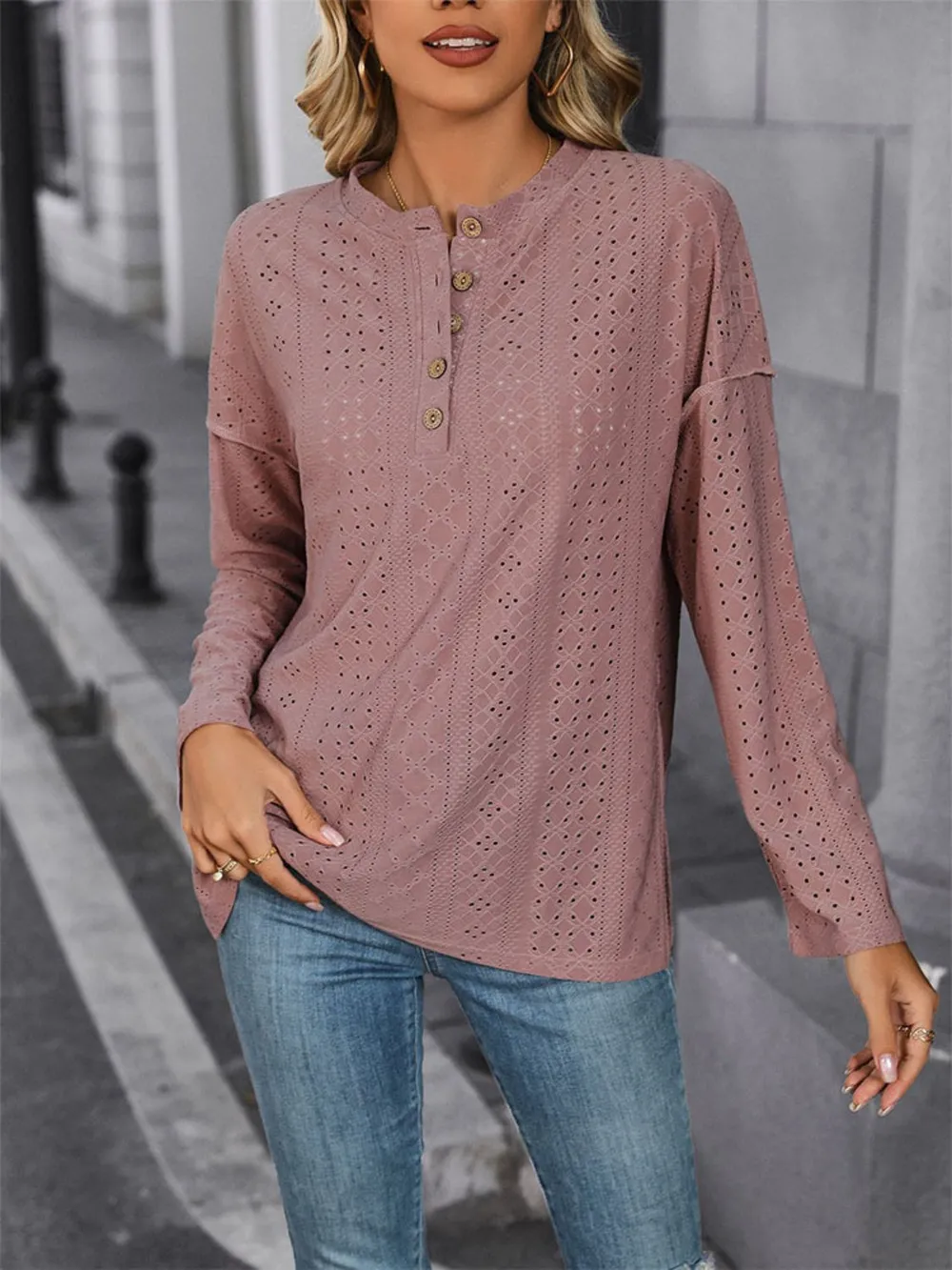 Eyelet Round Neck Long Sleeve Top, image 6