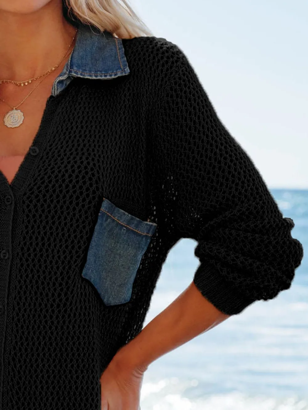 Side Slit Openwork Collared Neck Cover-Up, image 2