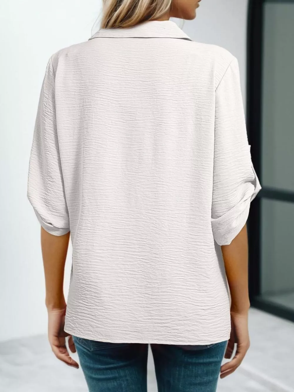 Johnny Collar Roll-Up Sleeve Blouse, image 3