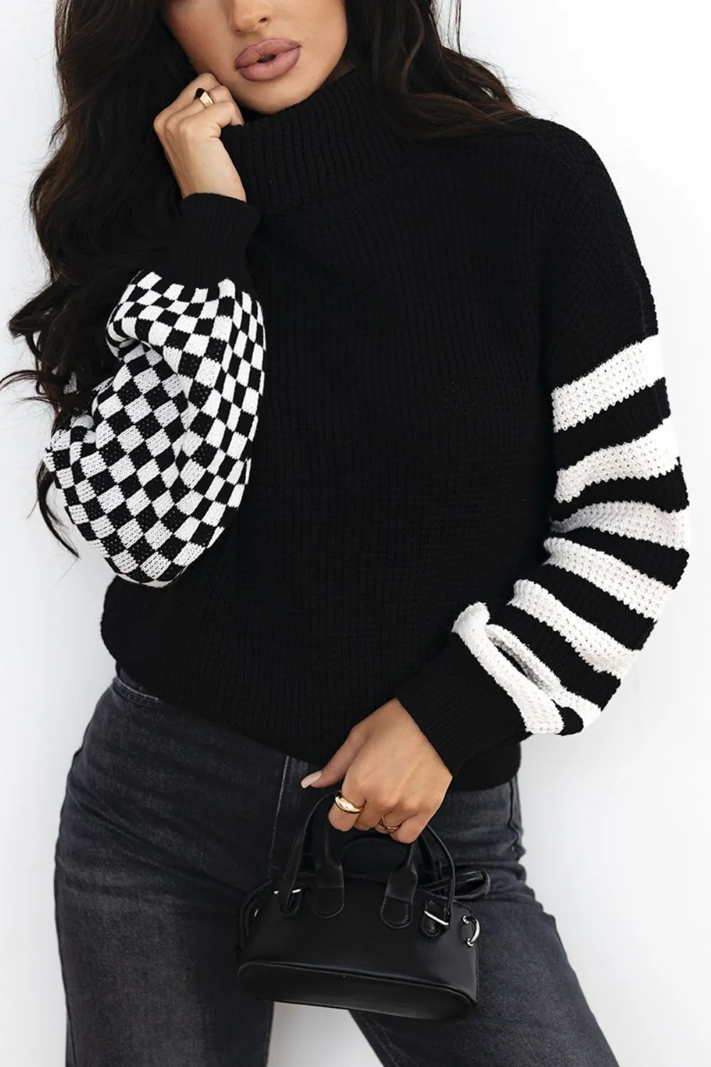 Striped & Checkered Turtleneck Dropped Shoulder Sweater, image 2