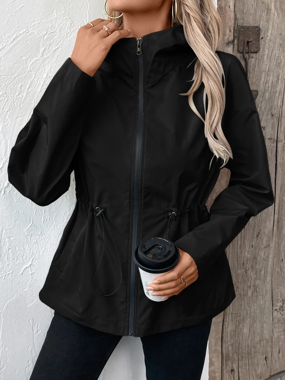 Drawstring Zip Up Hooded Jacket, image 12