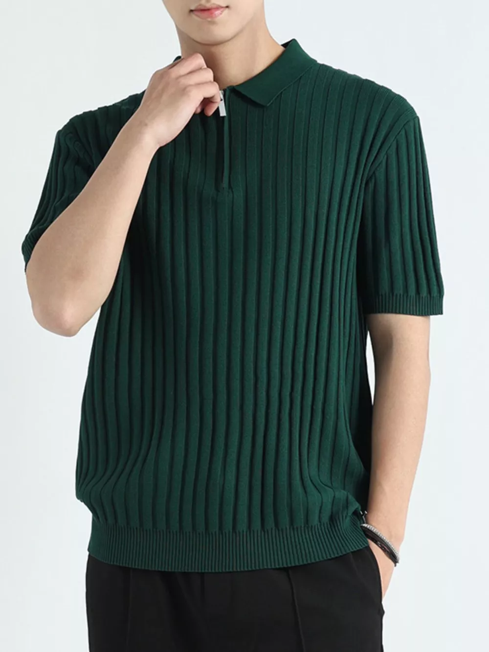 Men's Plus Size Ribbed Knit Short Sleeve Polo, image 2