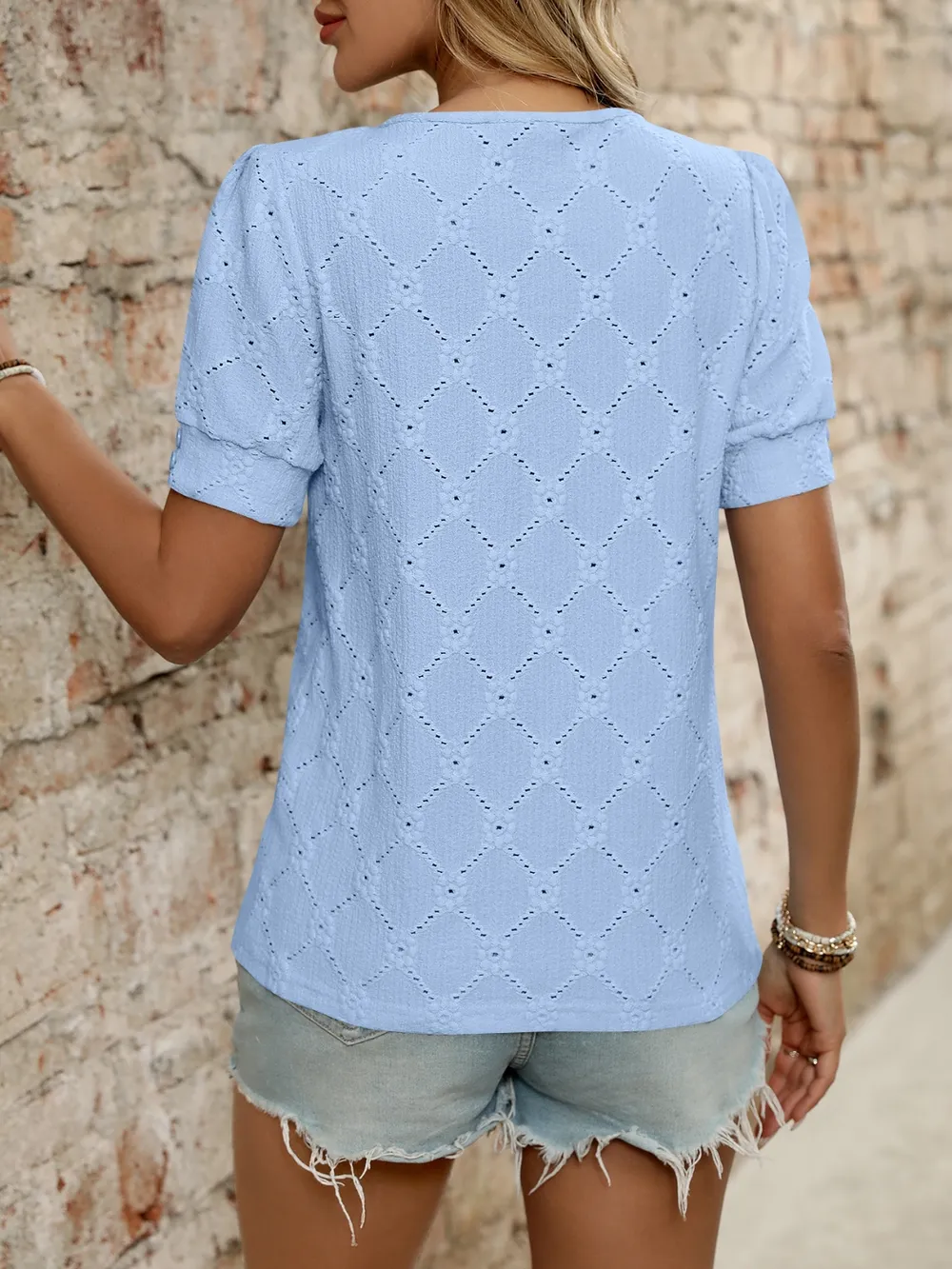 Eyelet Round Neck Short Sleeve Top, image 11