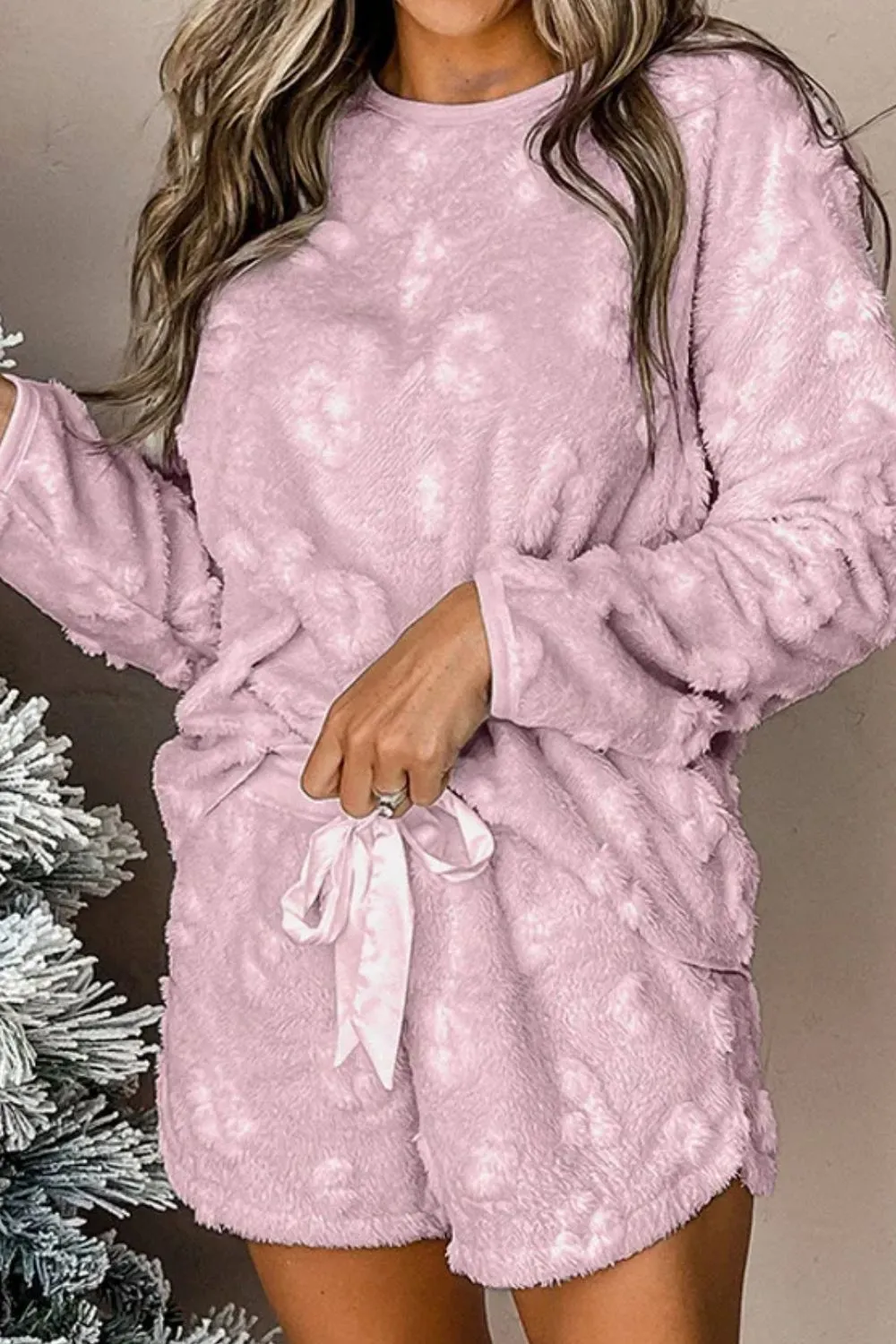 Round Neck Long Sleeve Top and Shorts Lounge Set, image 2