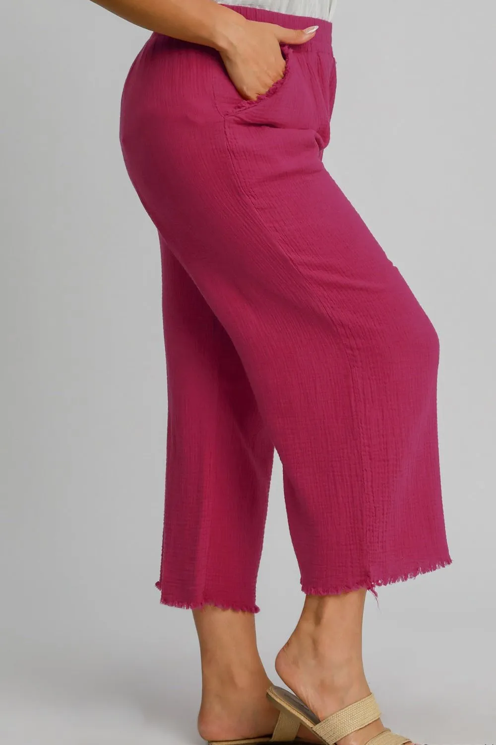 Full Size Raw Hem Elastic Waist Wide Leg Pants Plus Size, image 2