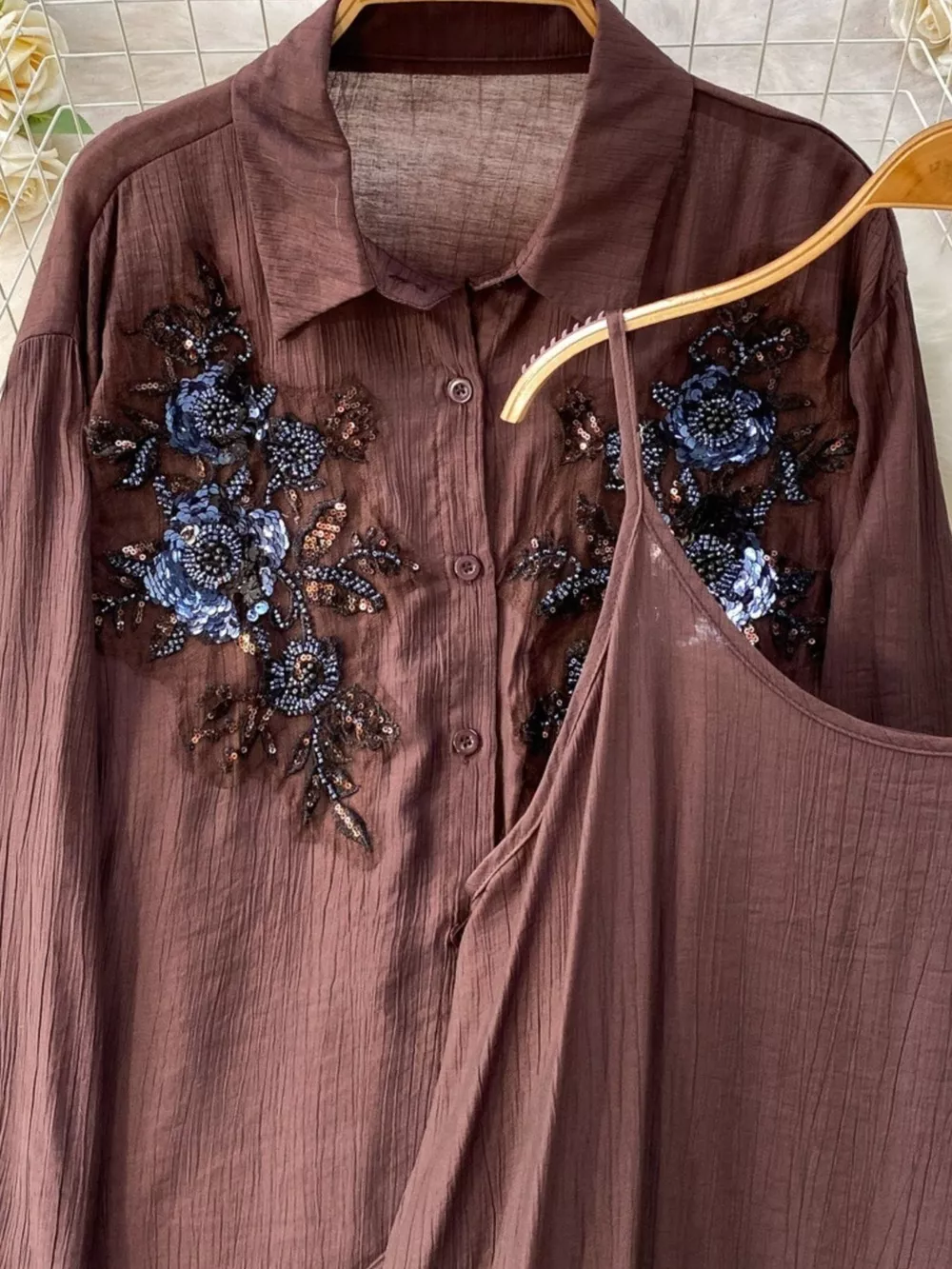 Sequin Flower Button Up Shirt and Cami Dress Set, image 11