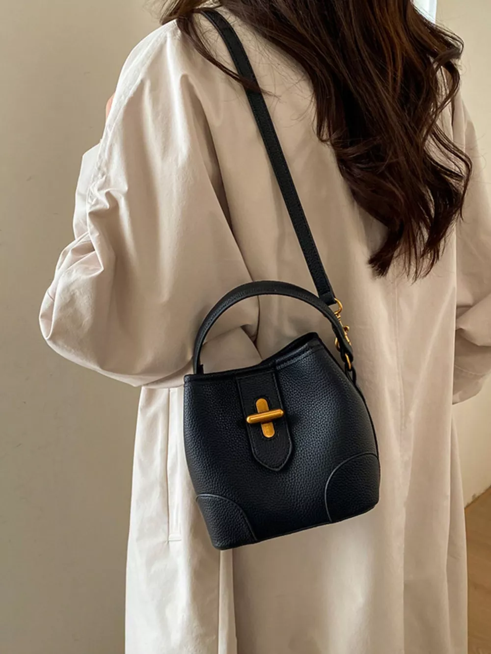 Textured Leather Bucket Crossbody Bag, image 6