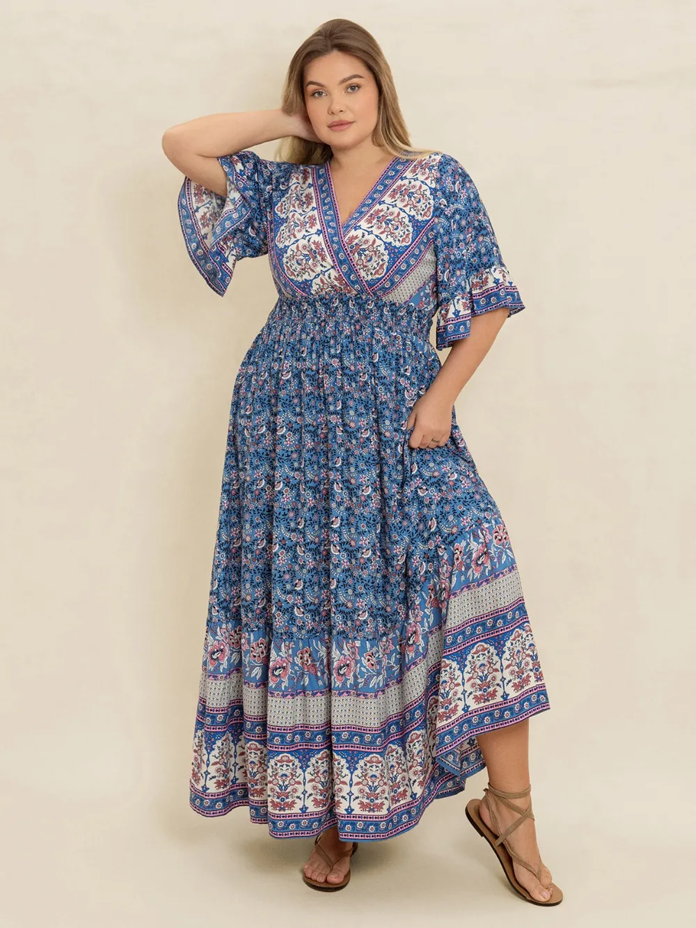 Plus Size Printed Surplice Half Sleeve Dress