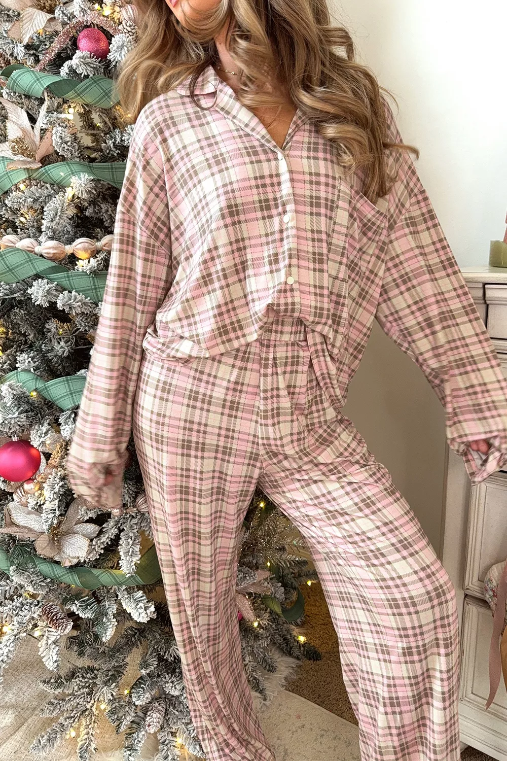 Plaid Patch Pockets Long Sleeve Lounge Set, image 3