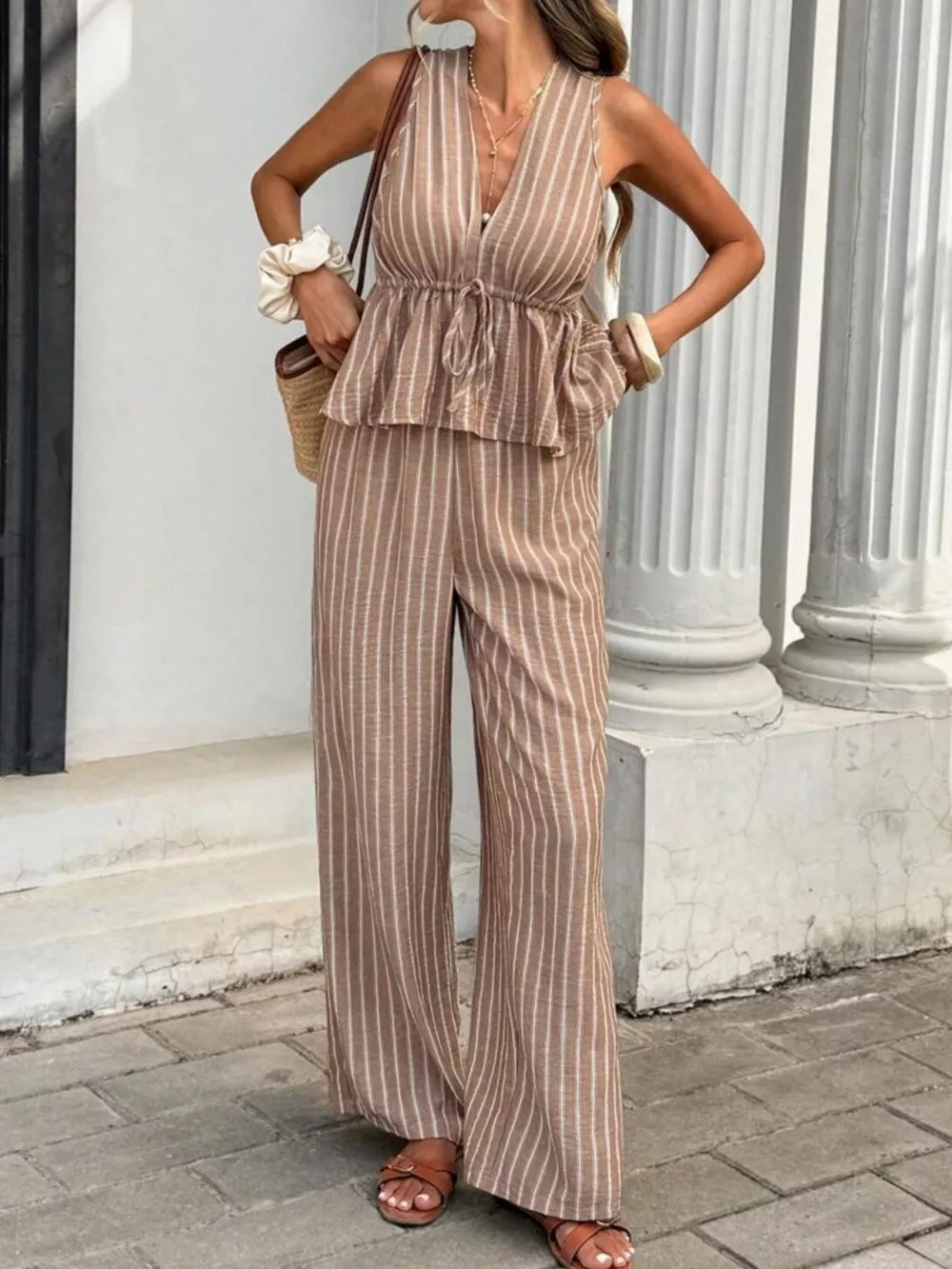 Striped Sleeveless Top and Wide Leg Pants Set, image 3