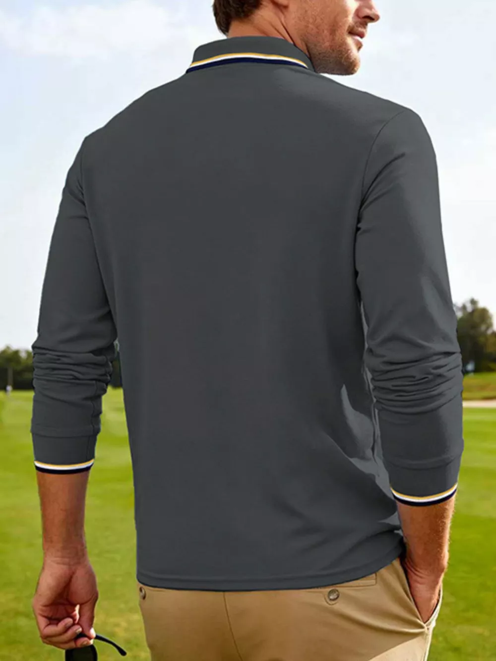 Men's Full Size Classic Long-Sleeve Polo with Striped Collar Plus Size, image 5